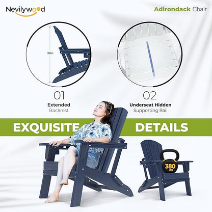 nevilywood Folding Adirondack Chair - Extended Ergonomic Backrest, Cup Holder - Easy Assembly - Durable HDPE Plastic, Weather Resistant & Maintenance-Free - Lawn, Patio, Deck Supports 380lbs NavyBlue