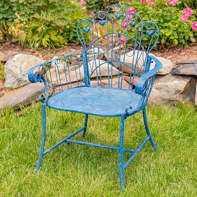 Zaer Ltd. Vintage Style Metal Patio Furniture with Heart Design Accents, Outdoor/Indoor Decor (Vintage Blue, Arm Chair) - Photo 1