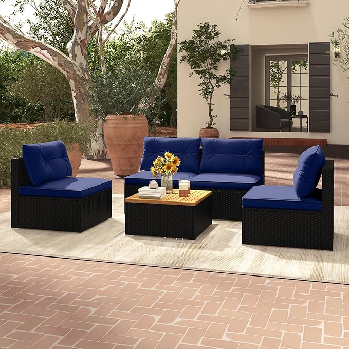 Tangkula 5 Piece Rattan Sofa Set, Outdoor Wicker Furniture Set w/Seat & Back Cushions, Square Coffee Table - Photo 2