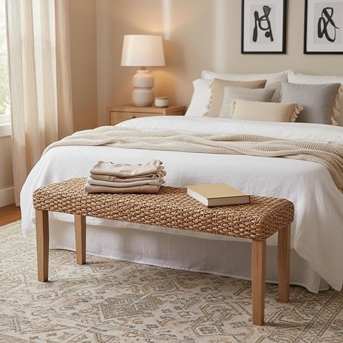 Indoor Bench Wicker for Entryway Bench, Wood Bench for Living Room Dining Bench or End of Bed Bench - Photo 2