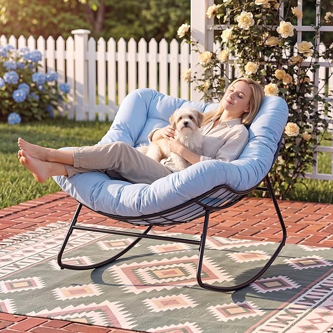 ONBRILL Outdoor Papasan Rocking Chair, 450 lbs Oversized Comfy Patio Chair with Thickened Cushion, Indoor Egg Rocking Lounge Chairs, Rocker Chairs for Patio Porch Garden Living Room Bedroom, Blue