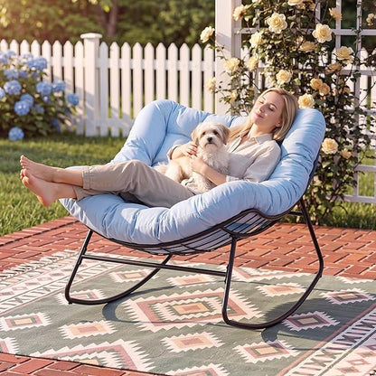 ONBRILL Outdoor Papasan Rocking Chair, 450 lbs Oversized Comfy Patio Chair with Thickened Cushion, Indoor Egg Rocking Lounge Chairs, Rocker Chairs for Patio Porch Garden Living Room Bedroom, Blue