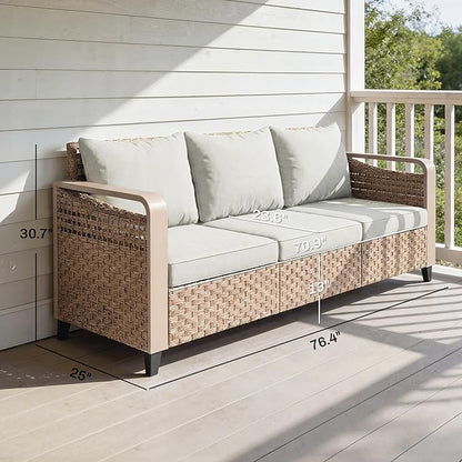 Outsunny Outdoor Patio Couch with Wide and Deep Seat, 3 Seater Wicker Outdoor Sofa with Wide Metal Armrests, Patio Furniture Couch with Cushions for Porch, Garden, Backyard, Beige | Removable Covers