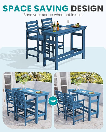 SERWALL Outdoor Bar Set - 2 Adirondack Bar Chairs & Bar Height Table with 1.6" Umbrella Hole, All-Weather HDPE Patio Furniture for Poolside, Backyard, Garden - Blue