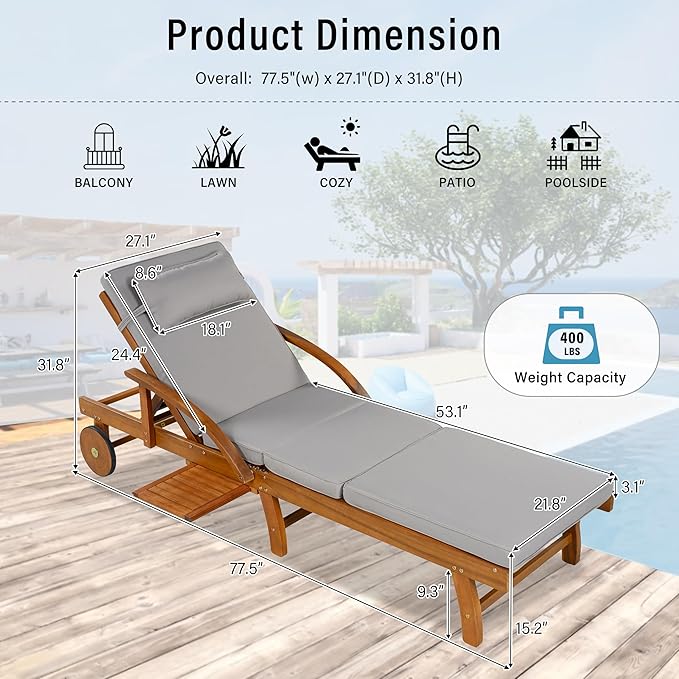 Acacia Wood Outdoor Patio Chaise Lounge, All Weather Reclining Lounge Chairs with Adjustable Backrest& Leg Rest, 2 Wheels, Headrest, Retractable Side Tray for Poolside Garden Beach (Gray-3.17)