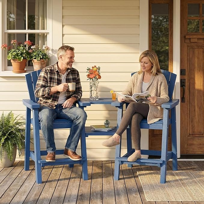 GLANC Tall Adirondack Chairs Set of 2, All Weather Resistant HDPE Bar Height Balcony Adirondack Chair with Connecting Trays, Upgraded Outdoor Adirondack Barstools for Deck Patio Pool Lawn (Navy Blue)
