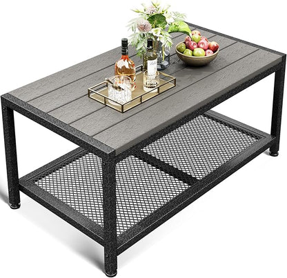 ODK Outdoor Coffee Table with Double-Layer Storage, Rectangle Weather-Resistant Patio Coffee Table for Garden, Balcony, Hot Tub, Poolside, Heavy-Duty Metal Frame, Grey