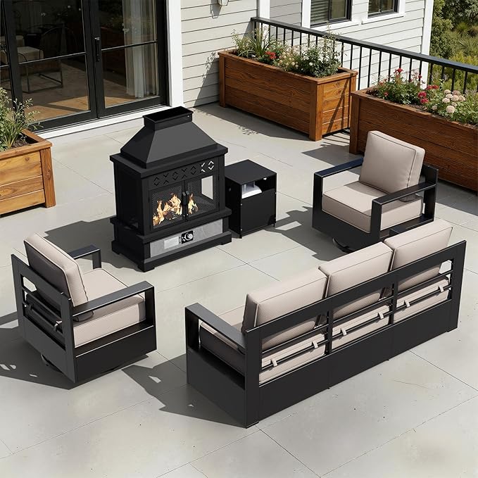 Outdoor Aluminum Furniture Set, 4-Piece Patio Conversation Set, 2 Swivel Chairs, 1 Sofa and 1 Fireplace - Photo 1