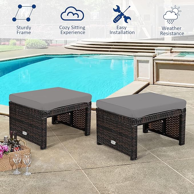 Tangkula 2 Pieces Patio Rattan Ottomans, All Weather Outdoor Footstool Footrest Seat with Soft Cushion, Hidden Zipper - Photo 9