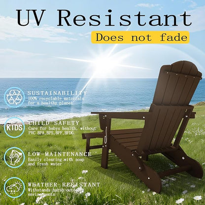 Adjustable Adirondack Chairs with Retractable Ottoman Set of 2, HDEP Folding Adirondack Chair with Footrest & Cup Holder, All Weather Fire Pit Chair for Outdoor,Brown
