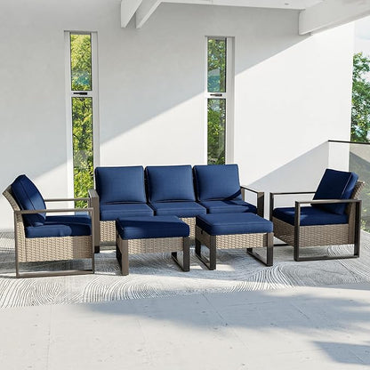 Outdoor Patio Furniture Set, 5 Piece Wicker Patio Conversation with Deep Seating, Thicken Cushions, Outdoor Club Chair, Metal Outdoor Furniture for Deck, Porch, Yard Use (Blue, 5 PCS/Chairs)