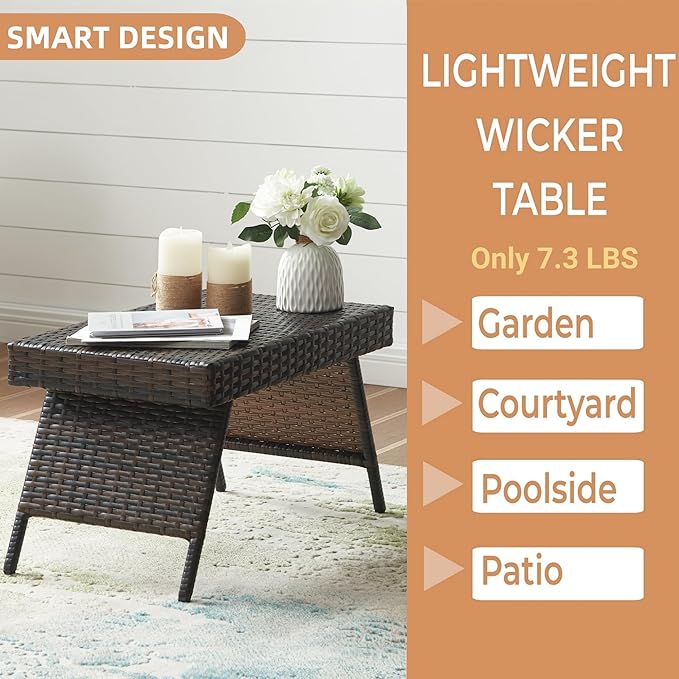 Outdoor Wicker Rattan Side Table, Patio End Table for Garden, Deck, Porch, Yard or Poolside 23.6Lx15.8Wx15.8H inches Brown