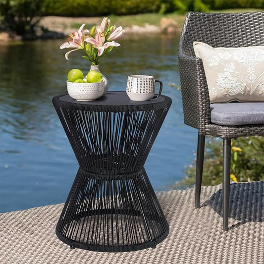 SUNNYPARK Outdoor Side Table 20'' H Small End Tables Woven Rope Weather Resistant with Glass Top Round Coffee Table for Indoor Balcony Patio Poolside (Black)