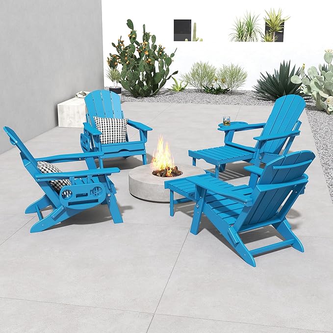 FOOWIN Folding Adjustable Adirondack Chair with Retractable Ottoman Set of 2, HDPE Adirondack Chair w/4 in 1 Cup Holder Trays,All-Weather Resistant Fire Pit Chair for Outdoor Patio Lawn, Pacific Blue