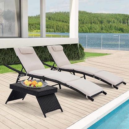 Patio Chaise Lounges 2 Chairs + 1 Coffee Table with Adjustable Backrest and Removable Thick Cushions, 2 Pieces Patio Lounge Chairs + 1 SideTable, Outdoor Folding Cushioned Patio Seating + End Table