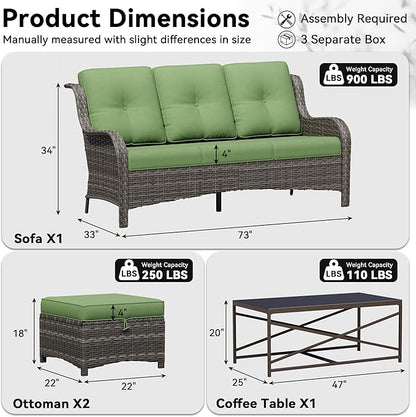 4-Piece Outdoor Couch Set, Includes Wicker Patio Sofa with Thickened Olefin Cushions, High Back and Deep Seating, Hand-Woven PE Rattan and 2 Ottomans, 1 Coffee Table for Porch, Deck
