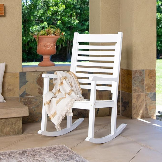 Shine Company Modern Wood Rocking Chair, Ergonomic Wide Seat Porch Rocker, White