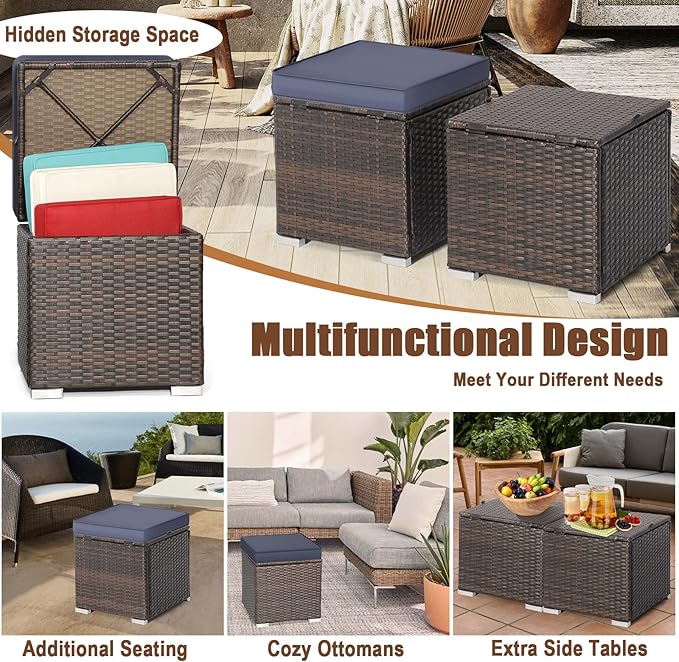 MEDIMALL Patio Wicker Ottoman Set of 2, Multipurpose Outdoor Footstool w/Removable Cushions, Rattan Side Table w/Storage, Footstool Ottoman Seat for Garden, Backyard, Poolside (Navy)