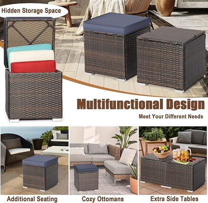 MEDIMALL Patio Wicker Ottoman Set of 2, Multipurpose Outdoor Footstool w/Removable Cushions, Rattan Side Table w/Storage, Footstool Ottoman Seat for Garden, Backyard, Poolside (Navy)