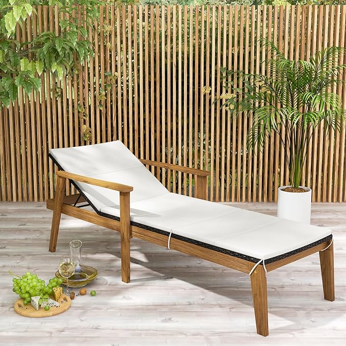 Tangkula Outdoor Chaise Lounge Chair, Rattan Patio Recliner with Armrests & 4-Level Backrest Adjustment, Cushioned Acacia Wood Patio Lounge Chair for Poolside, Backyard, Balcony