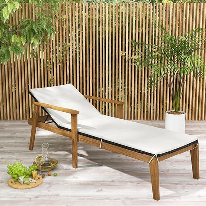 Tangkula Outdoor Chaise Lounge Chair, Rattan Patio Recliner with Armrests & 4-Level Backrest Adjustment, Cushioned Acacia Wood Patio Lounge Chair for Poolside, Backyard, Balcony