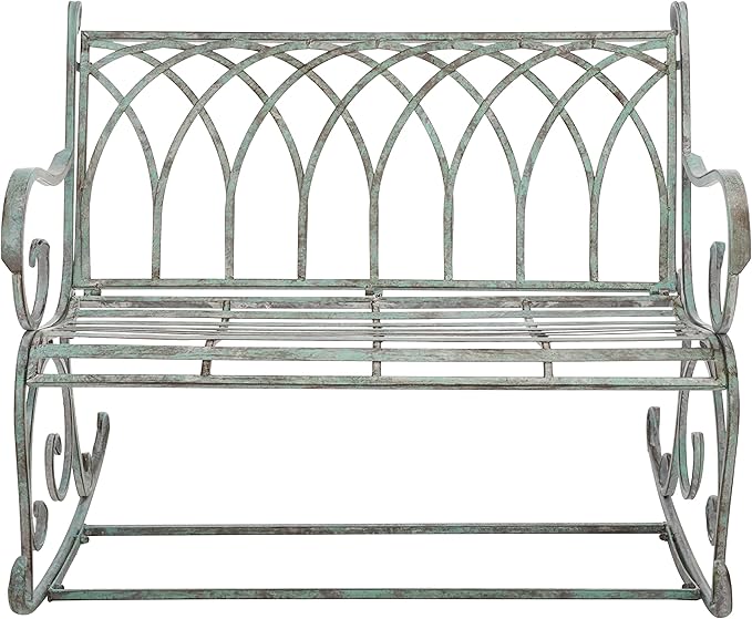 SAFAVIEH Outdoor Collection Ressi Victorian Antique Dark Green Wrought Iron Rock Bench