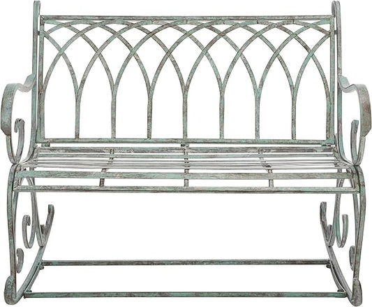 SAFAVIEH Outdoor Collection Ressi Victorian Antique Dark Green Wrought Iron Rock Bench