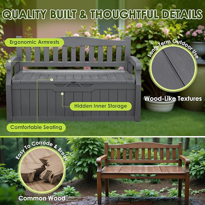 Greesum 80 Gallon Heavy-Duty Outdoor Storage Bench with Cushion, UV-Resistant Resin Bench with Armrest, Deck Box for Garden, Poolside, Patio, Dark Grey