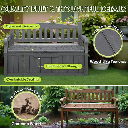Greesum 80 Gallon Heavy-Duty Outdoor Storage Bench with Cushion, UV-Resistant Resin Bench with Armrest, Deck Box for Garden, Poolside, Patio, Dark Grey
