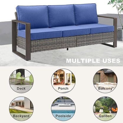 Rilyson Outdoor Couch Wicker Patio Sofa, Rattan Patio Furniture Sofa with Sturdy Frame,All-Weather PE Wicker,Wide Armrest,Deep Seating and Thick Cushions for Deck Porch Garden(Mixed Grey/Blue)