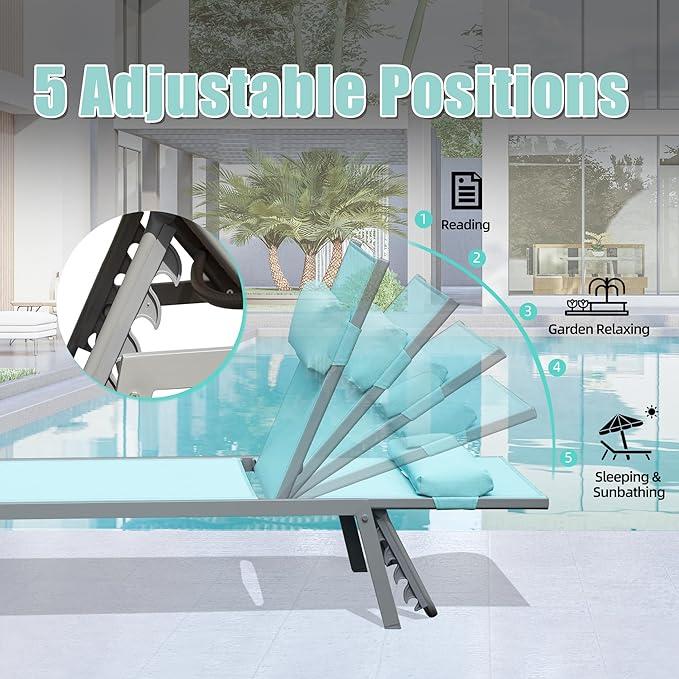 Domi Patio Chaise Lounge Set of 3, Aluminum Pool Lounge Chairs with Side Table, Outdoor Adjustable Recliner All Weather for Poolside, Beach, Yard, Balcony (Turquoise Blue)
