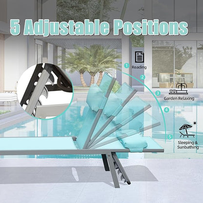 Domi Patio Chaise Lounge Set of 3, Aluminum Pool Lounge Chairs with Side Table, Outdoor Adjustable Recliner All Weather for Poolside, Beach, Yard, Balcony (Turquoise Blue)