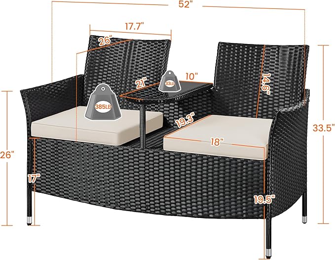 Yaheetech Patio Loveseat, Outdoor Wicker Double Chair w/Side Table, PE Rattan Furniture Set for Two People, Love Seat w/2 Removable Cushions & 1 Tempered Glass Side Table, Black/Beige