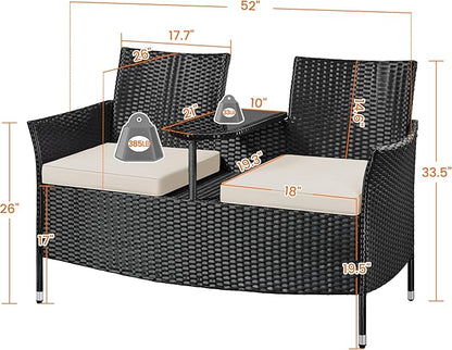 Yaheetech Patio Loveseat, Outdoor Wicker Double Chair w/Side Table, PE Rattan Furniture Set for Two People, Love Seat w/2 Removable Cushions & 1 Tempered Glass Side Table, Black/Beige