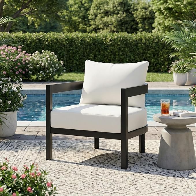 Merax 27.6" Outdoor Curved Patio Accent Chair with All-Weather Coushions, Aluminum Frame Single Lounge for Chair Porch - Photo 1