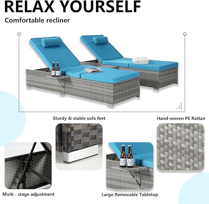 Outdoor Chaise Lounge Chair Set of 2 Wicker Pool Lounge Chairs Tanning Lounges for Outside Lawn Sunbathing Chairs with - Photo 4