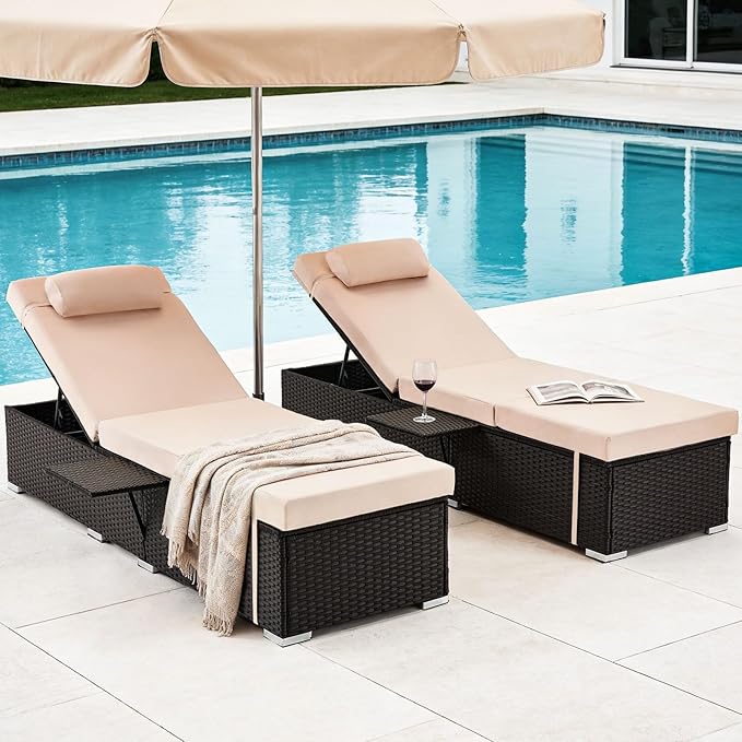 Outdoor Chaise Lounge with Adjustable Backrest Set of 4, 6-Position Reclining Lounger Pool Chair, Thick 3-Inch Cushion & Side Tray, All-Weather PE Wicker for Outdoor, Backyard, Deck (Khaki)