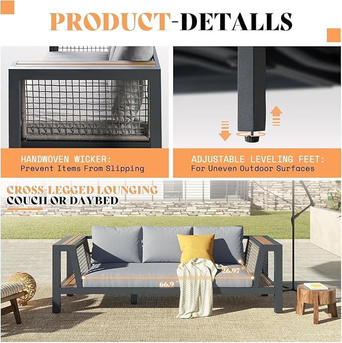 2 Piece Aluminum Patio Sofa with Storage Armrest & Water-Resistant Cushions, 6-Seat Outdoor Couch with Rattan Mesh Sides - Photo 7
