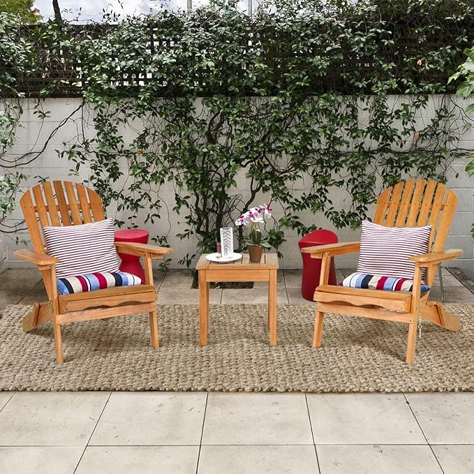 Giantex Adirondack Chair Set 3-Piece Foldable Wooden Chairs Set W/Widened Armrest, Eucalyptus Frame and Side Table Outdoor & Indoor Table Set for Patio Poolside Garden, Set of 3 Wooden Lounger Chair