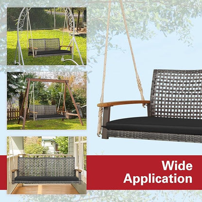 Tangkula 2-Person Outdoor Porch Swing with 118" Hanging Ropes, Patiojoy PE Wicker Patio Hanging Swing Bench with Soft Seat Cushion & 800 Lbs Weight Capacity, Suitable for Patio, Garden (Black)