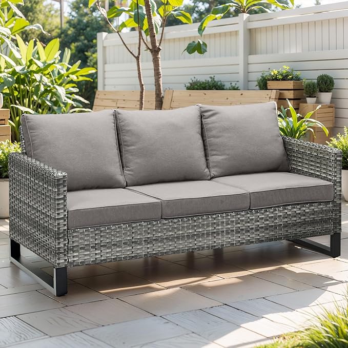 Rilyson Wicker Outdoor Couch Patio Sofa - 3 Seater Rattan Outdoor Patio Couch with Waterproof Wicker,Comfortable Cushions and Sturdy Metal Frame for Outside Porch Deck Backyard(Mixed Grey/Grey)