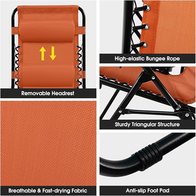 Goplus Zero Gravity Lounge Chairs, 160°Adjustable Folding Recliner w/Pillow and Cup Holder, 350LBS Comfy Outdoor Lounge Chairs for Patio, Lawn, Yard & Camp(1, Orange)