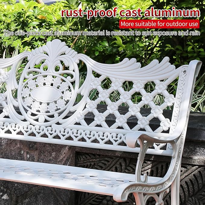 51" Outdoor Bench Garden Bench Cast Aluminum Bench with Floral Back Metal Front Porch Benches for Yard Patio Entryway Park (Pitted White)