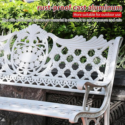 51" Outdoor Bench Garden Bench Cast Aluminum Bench with Floral Back Metal Front Porch Benches for Yard Patio Entryway Park (Pitted White)