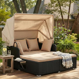 Tangkula Patio Rattan Daybed with Retractable Canopy, Outdoor Wicker Sunbed Lounger with 2 Foldable Side Tables - Photo 2