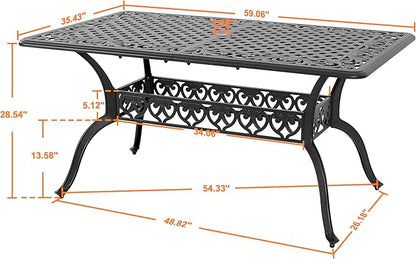 NUU GARDEN 60" Outdoor Dining Table with 2.09" Umbrella Hole, All Weather Cast Aluminum Outdoor Patio Table, 6-8 Person Rectangle Dining Table, Backyard Bistro Table for Garden, Poolside, Black
