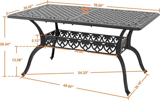 NUU GARDEN 60" Outdoor Dining Table with 2.09" Umbrella Hole, All Weather Cast Aluminum Outdoor Patio Table, 6-8 Person Rectangle Dining Table, Backyard Bistro Table for Garden, Poolside, Black