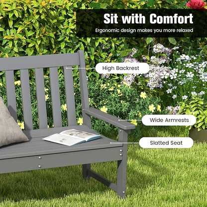 Tangkula HDPE Outdoor Garden Bench with Backrest, 2-Person All-Weather Patio Loveseat Chair with Slatted Seat, 705 lbs Weight Capacity, Patio Benches for Balcony, Garden, Porch, Backyard & Park, Grey
