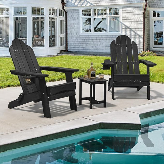LUE BONA Folding Adirondack Chair Set of 2 with Adirondack Side Table, Black HDPS Fire Pit Adirondack Chairs with Cup Holder for Patio, Proch