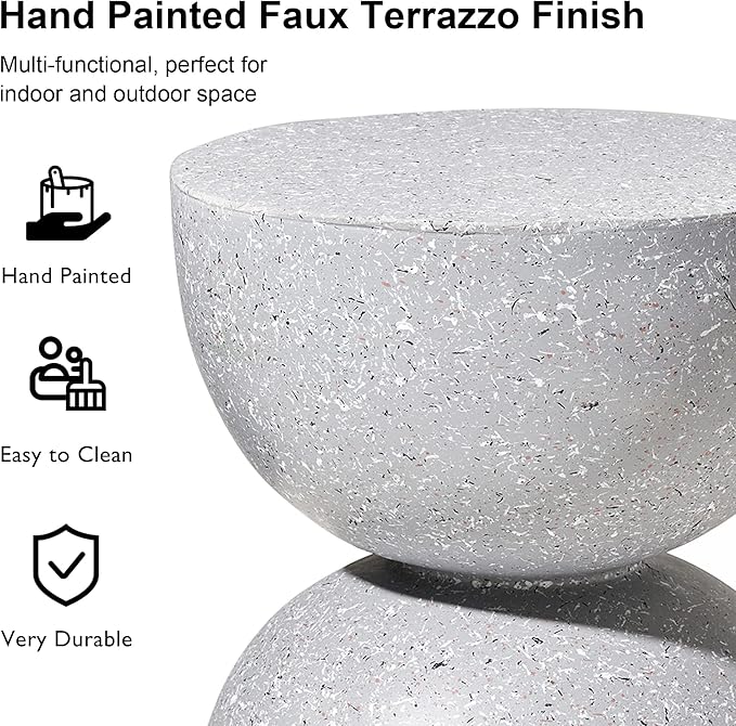 Glitzhome Outdoor Side Table, Round Accent End Table, Lightweight Hourglass Faux Terrazzo Decorative Garden Stool, 17.75" H Gray Planter Stand for Patio Porch Balcony Living Room